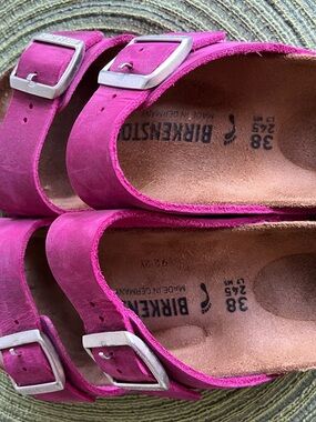 Birkenstock Arizona Festival Fuchsia Oiled Leather Silver Buckle Sandals Narrow